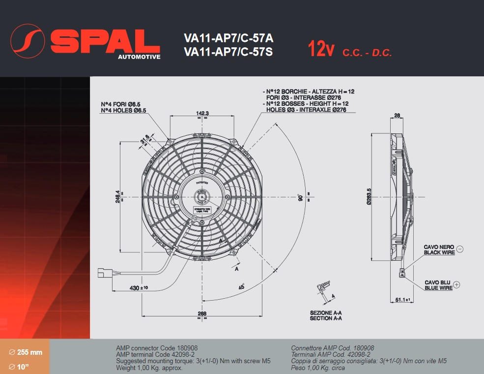 Spal Kühlerventilator VA11-AP7/C-57S 12V  D284,5-D255 T=52 / 1430m³ blasend