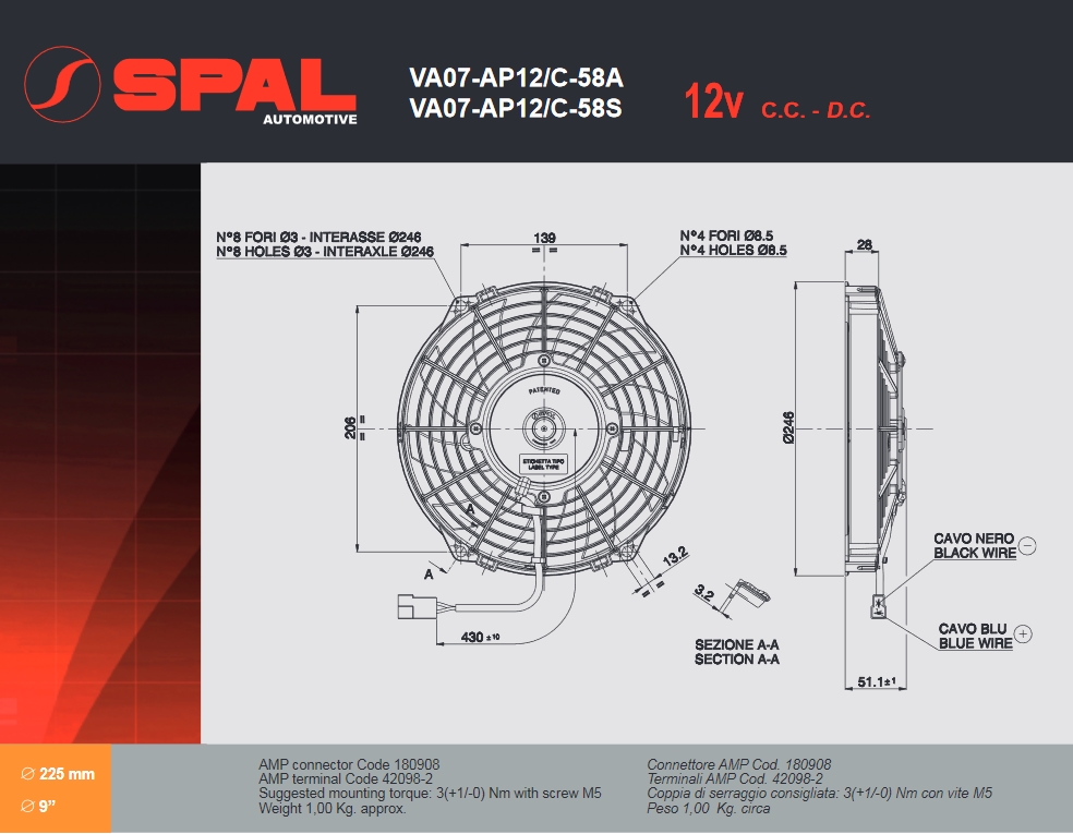 Spal Kühlerventilator VA07-AP12/C-58S 12V  D247-D225 T=52 / 1080m³ blasend