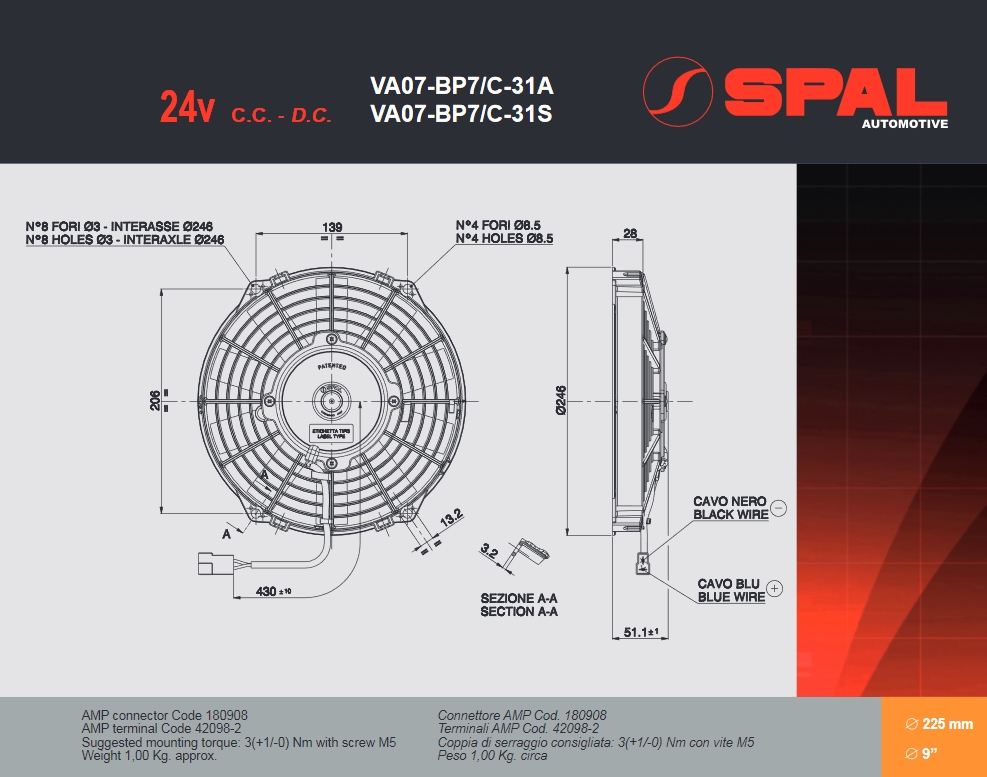 Spal Kühlerventilator VA07-BP7/C-31S 24V  D250-D225 T=52 / 1180m³ blasend