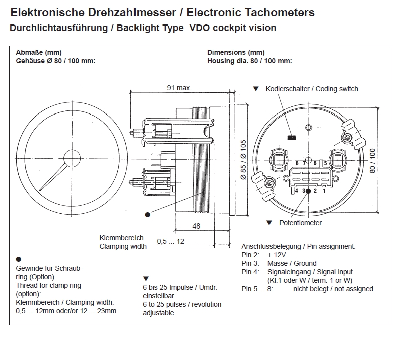 VDO Drehzahlmesser 100mm  bis 8.000 U/min  Baureihe Cockpit Vision