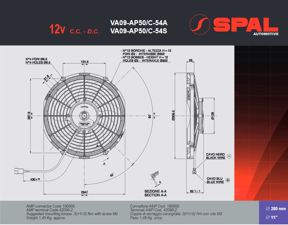 Spal Kühlerventilator VA09-AP50/C-54S 12V  D310-D280 T=63 / 1670m³ blasend
