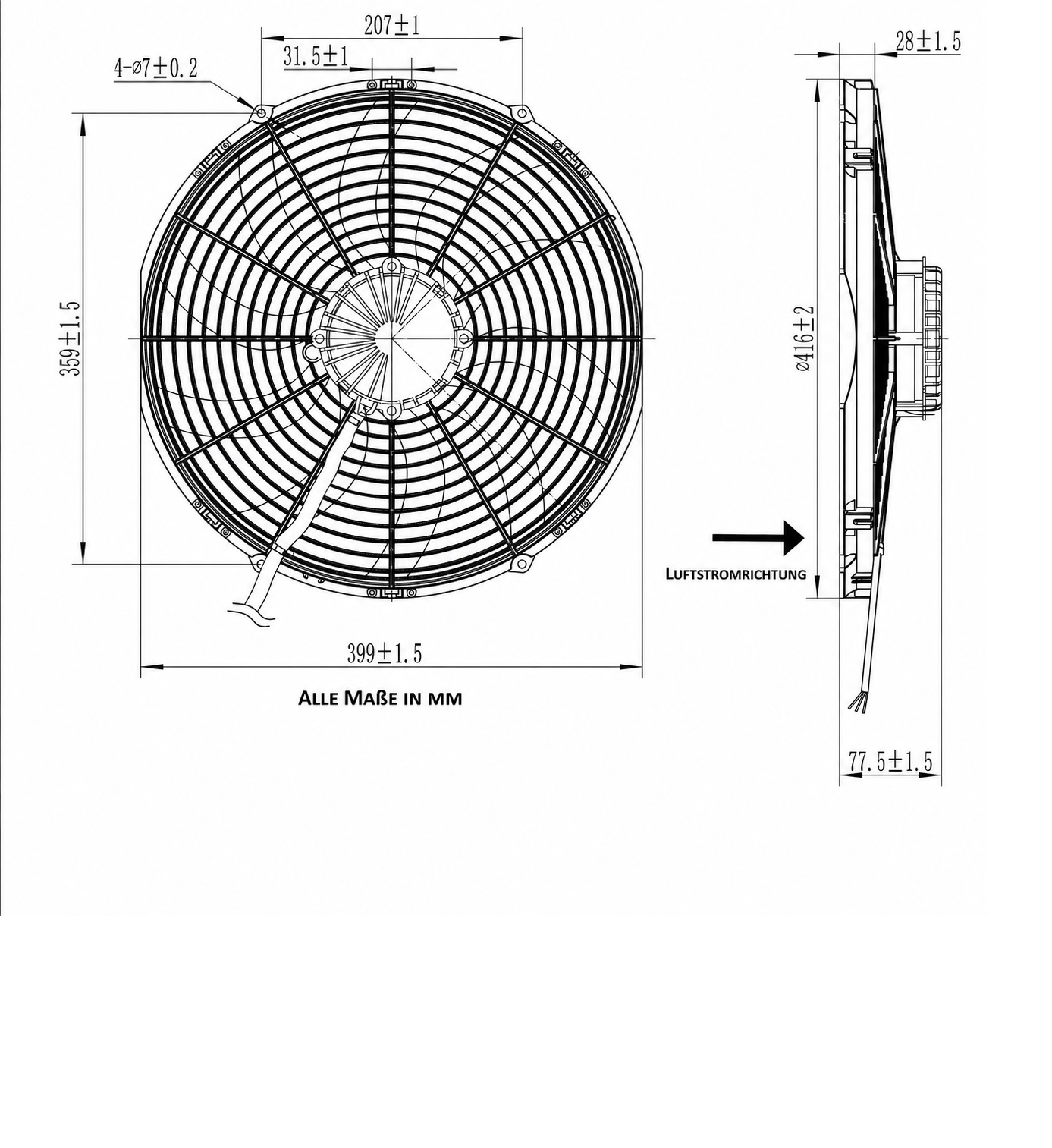 12V Elektrischer Lüfter 400mm (16") Proform Brushless  bürstenlos 5600m³/h saugend D420-D400 T=76