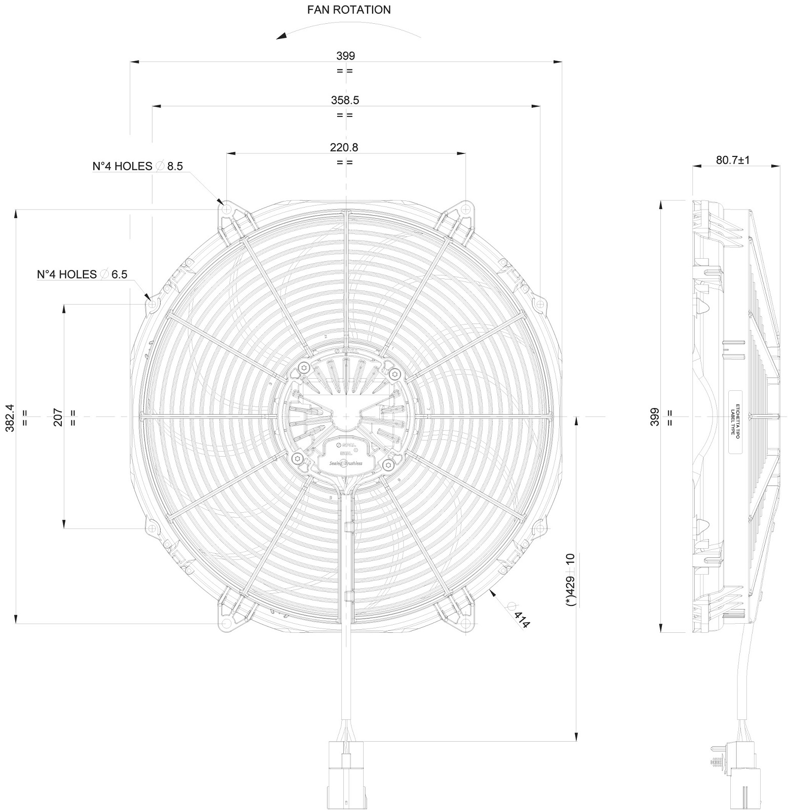 Spal Kühlerventilator VA91-ABL326P/R/A/N-65A  D399-D385 T=81 / 3150m³ saugend Brushless