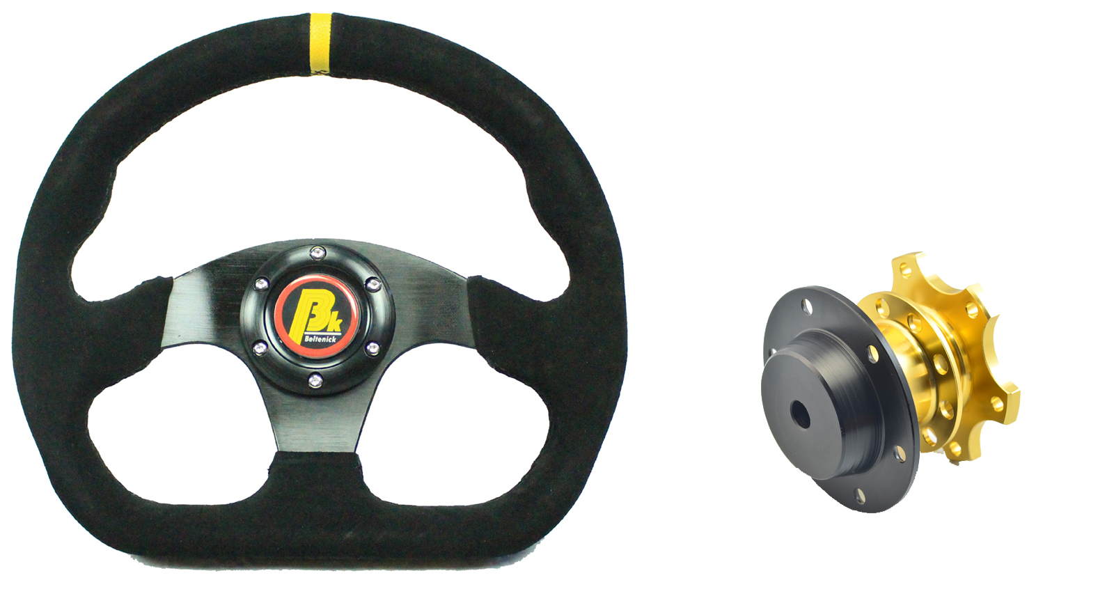 Set Lenkrad und Schnellverschluss Racing 320mm  Wildleder schwarz - abgeflacht  Beltenick