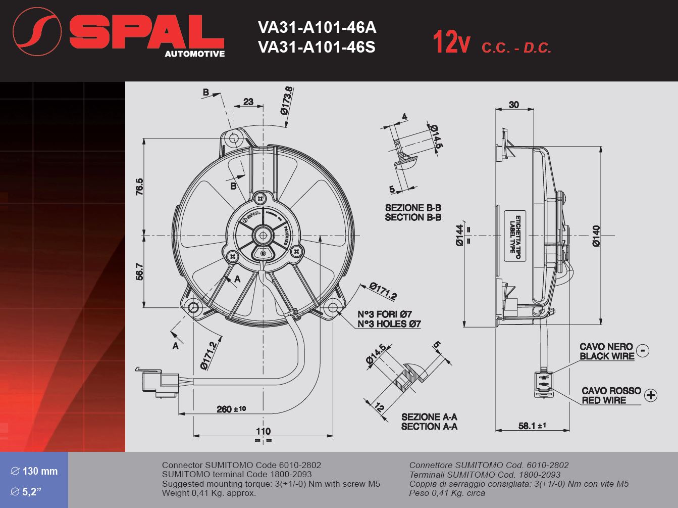 Spal Kühlerventilator VA31-A101-46S 12V  D144-D130 T=60 / 520m³ blasend
