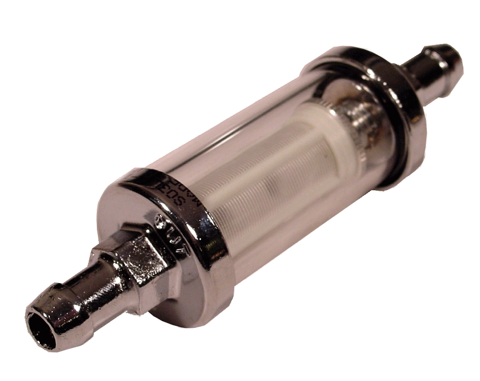 Benzinfilter, Kraftstofffilter 40mic 9,5mm Anschluss  Glasgehäuse max 0,7bar Druck