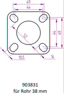 Powersprint Quadrat-Flansch 4-Loch  38 mm Ø Rohrausschnitt
