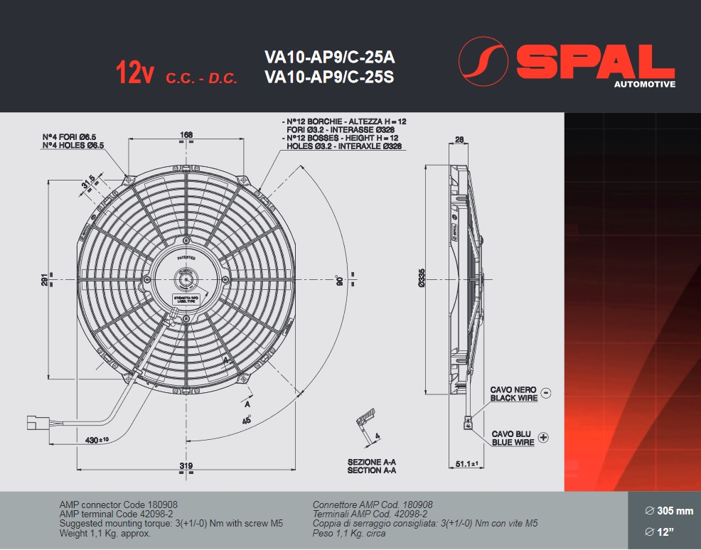 Spal Kühlerventilator VA10-AP9/C-25S 12V  D336-D305 T=52 / 1450m³ blasend