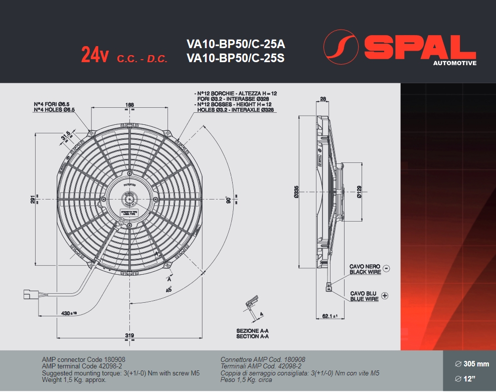 Spal Kühlerventilator VA10-BP50/C-25S 24V  D335-D319 T=63 / 1800m³ blasend