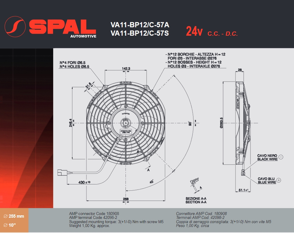 Spal Kühlerventilator  VA11-BP12/C-57A 24V  D284-D255 T=52 / 1300m³ saugend