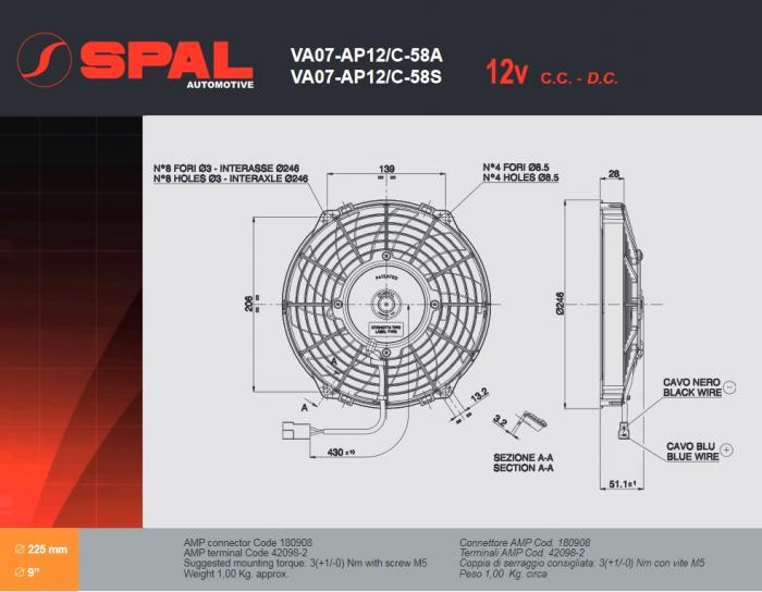 Spal Kühlerventilator VA07-AP12/C-58S 12V 
D247-D225 T=52 / 1080m³ blasend 