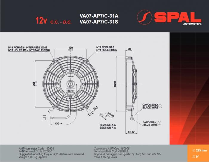 Spal Kühlerventilator VA07-AP7/C-31S 12V 
D247-D225 T=52 / 1140m³ blasend