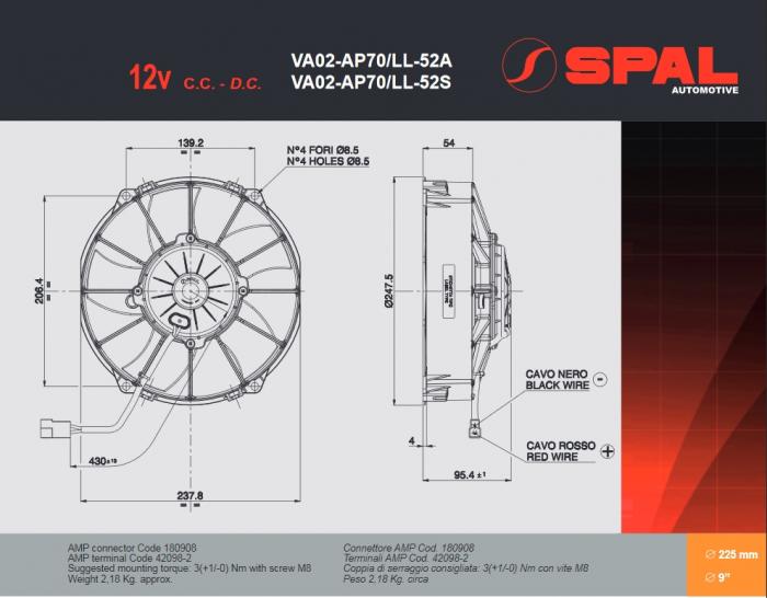 Spal Kühlerventilator VA02-AP70/LL-52S 12V 
D247-D225 T=94 / 1190m³ blasend