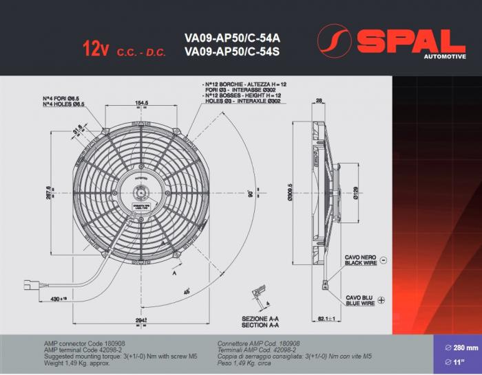 Spal Kühlerventilator VA09-AP50/C-54S 12V 
D310-D280 T=63 / 1670m³ blasend