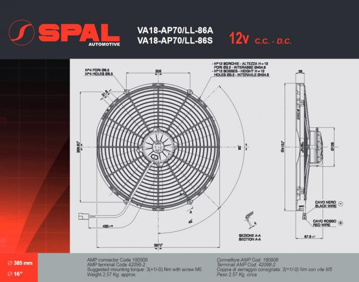 Spal Kühlerventilator VA18-AP70/LL-86S 12V 
D414-D385 T=88 / 3450m³ blasend