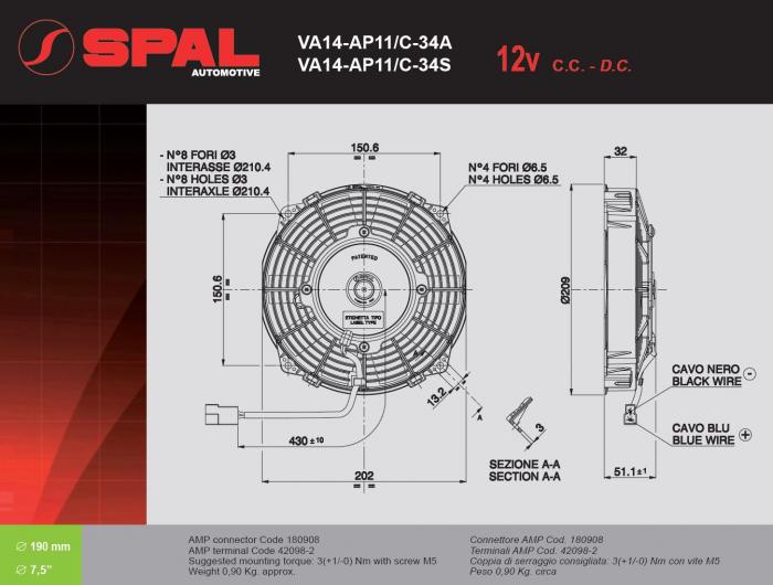 Spal Kühlerventilator VA14-AP11/C-34A 12V 
D210-D190 T=52 / 730m³ saugend