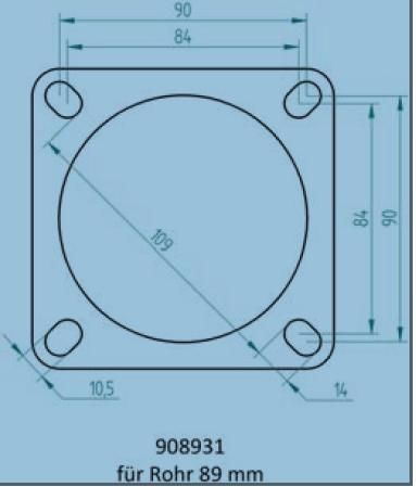 Powersprint Quadrat-Flansch 4-Loch 
89 mm Ø Rohrausschnitt