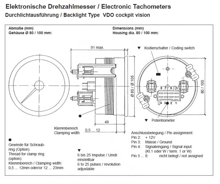 VDO Drehzahlmesser 100mm  bis 8.000 U/min 
Baureihe Cockpit Vision