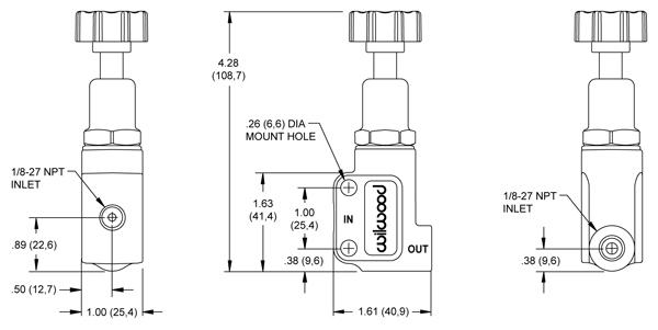 Wilwood Bremskraftregler Drehverstellung 
Anschlüsse 1/8x27 NPT mit Adapter 3/8x24