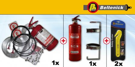 Rallye Set Feuerlöschanlage Handlöscher und Gurtmesser 
Mechanische Auslösung, Stahlbehälter FIA